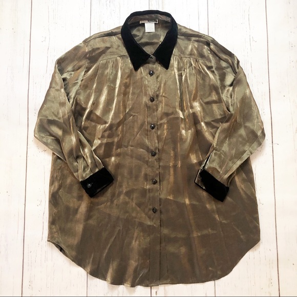 Vintage gold shimmer long sleeve blouse 1X XL - Picture 1 of 7